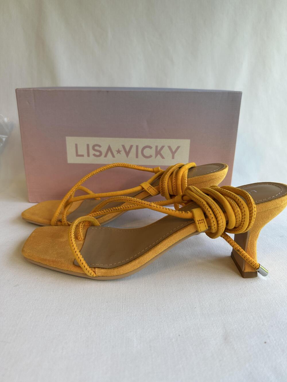 Lisa Vicky Shoes Womens Size 8.5 Tangerine Kid Suede Sandals Zag-V Lace Up Heels